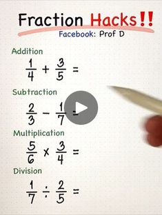 a hand holding a pen and writing fraction numbers on a sheet of paper with the words fraction