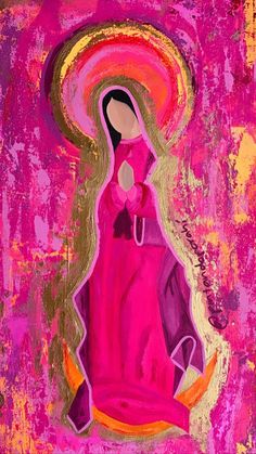 an abstract painting of a virgin mary in pink and yellow with gold trimmings