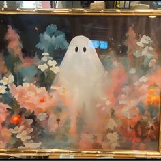 a painting of a ghost surrounded by flowers