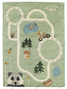 a green area rug with animals and trees on the ground in front of a map