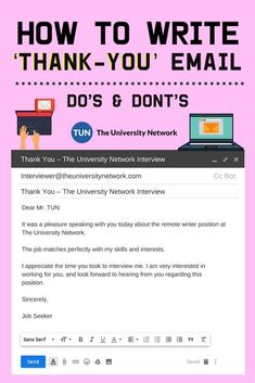 a pink background with the words how to write thank you email do's and don'ts