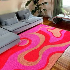 a living room with couches and rugs in it