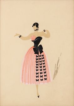 a drawing of a woman in a pink and black dress with her arms spread out