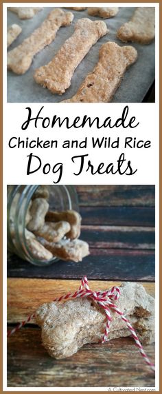 homemade chicken and wild rice dog treats on a wooden table with text overlay that reads homemade chicken and wild rice dog treats