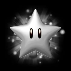 a white star with two black eyes on it's face and some lights behind it