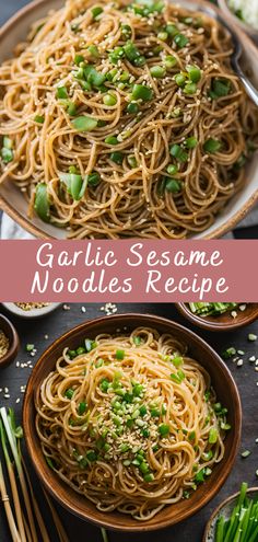 garlic sesame noodles in a bowl with chopsticks and green onions on the side