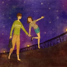 a man and woman are holding hands while standing on a stairway at night with stars in the sky