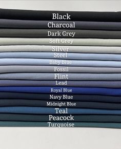 a stack of blue and gray shirts with the names of each product on them in black, charcoal, dark grey, silver, silver, baby blue, rose, pink, lead, royal blue, navy blue