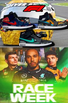 the poster for race week is shown in front of a helmet and shoes on display