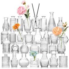 many different vases and flowers are arranged in a gridded pattern on a white background