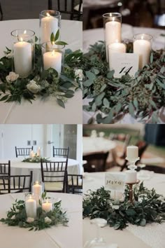 wedding table decorations with candles and greenery on the top, below them are pictures of white