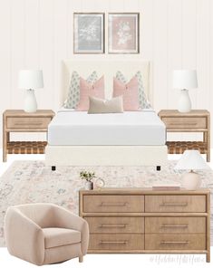 a white bed sitting next to a wooden dresser under two framed pictures on the wall