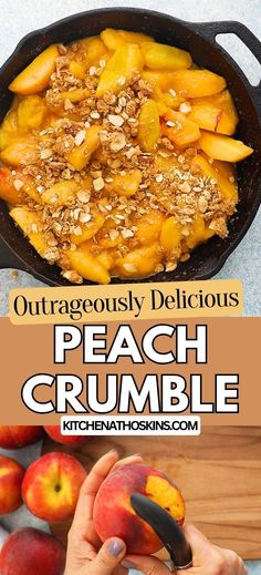 peach crumble with oatmeal in a skillet and on the table