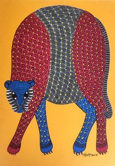 a painting of a blue and red animal on a yellow background