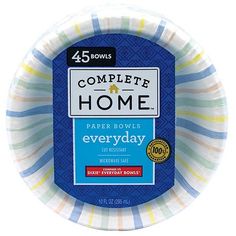 a paper bowl with the words'complete home'in blue, yellow and green stripes