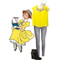 a woman in yellow dress and black shoes next to a cartoon character wearing grey pants