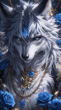 a white wolf with blue eyes and gold chains on it's neck is surrounded by roses