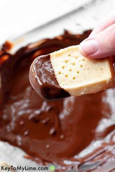 a hand holding a cracker with chocolate spread on it