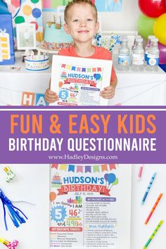 a young boy holding up a birthday question book