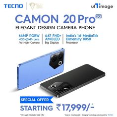 an advertisement for the new camera phone from tecno, with prices and features