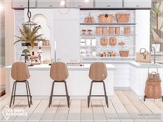 an image of a kitchen setting with stools and baskets on the counter top in front of shelves