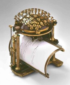 Malling-Hansen Writing Ball :

This wild-looking mechanical contraption is a typewriter as well. It was designed in 1867 and then patented in 1870.

For the time, the Malling Hansen Writing Ball was a technological marvel and 50 years ahead of its time. The unique functionality of this typewriter makes it such a sought-after collector’s item these days. The estimated price for this is about $80,000. Steampunk Tendencies, Strange Music, Antique Typewriter, Messy Nessy Chic, Old Towels, Pumpkin Flower, Art Google, Typewriter, Toilet Paper Holder