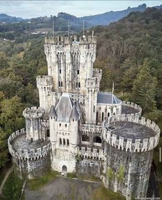 an aerial view of a castle surrounded by trees