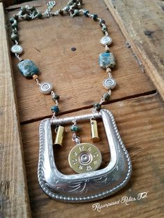 Bullet jewelry shotgun shell casing bullet by RepurposedRelicsTX Western Belt Buckle Necklace, Upcycled Belts, Shotgun Necklaces, Bullet Shell Crafts, Cowboy Boot Purse, Southwestern Turquoise Jewelry With Antique Buckle