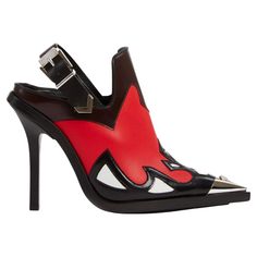 Versace FW19 Runway Black & Red Leather V-western Slingback Boot / Pump These Versace heels embrace a chic western vibe. Called the V-Western sling back pumps, it is enriched with western-style stitching and palladium-tone toe accent embellished with a Medusa head. It has a sling back design with an adjustable buckle and leather soles with rubber insets. Brand new. Made in Italy. Size: 40 (IT) Western Leather Mules With Pointed Toe, Western Style Leather Mules With Pointed Toe, Western Style Leather Heels With Pointed Toe, Western Style Pointed Toe Summer Heels, Summer Western Pointed Toe Heels, Leather Mules With Red Sole And Pointed Toe, Leather Pointed Toe Mules With Red Sole, Western High Heel Formal Heels, Western Style High Heel Formal Heels