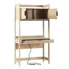 a wooden shelf with two shelves and a power cord