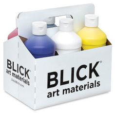 three bottles of black art materials in a white box with the words, blck