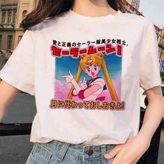 Sailor Moon Funny, Sailor Moon Shirt, Sailor Moon Anime, Harajuku Clothes, Cartoon Tops, Harajuku Women, Spring T Shirts, Anime Tees, Moon Shirt