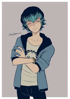 an anime character with blue hair and black pants