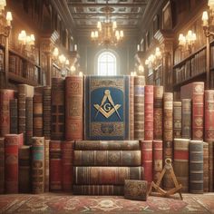 a room filled with lots of books and a masonic book on top of each other