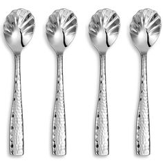 four silver spoons and two forks on a white background