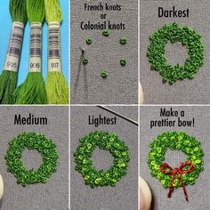 four pictures showing how to make a wreath with yarn