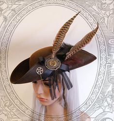 hat? Enchanted Mirror, Explorer Costume, Costume Pirate, Tricorn Hat, Steampunk Pirate, Goth Steampunk, Pirate Hat, Steampunk Hat, Brown Hat