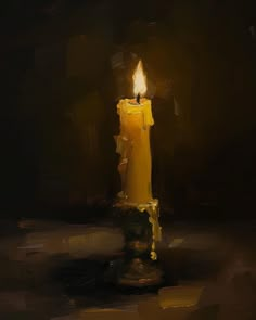 a painting of a lit candle in the dark