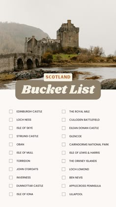 the scotland bucket list is shown with an image of a castle in the background and text