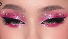 Pink Make Up With Rhinestones, Pink Makeup Looks Rhinestones, Makeup Looks Halloween Scary, Eye Makeup Pink Glitter, Candy Themed Makeup Looks, Pink Aesthetic Makeup Looks, Glitter Make-up, Pink Makeup Looks Glitter, Crazy Pink Makeup