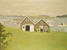 a painting of a house with boats in the water