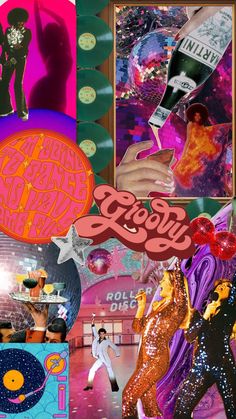 the collage shows various images of people in disco outfits, with one person holding a bottle