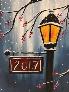 a painting of a street light and snowy tree