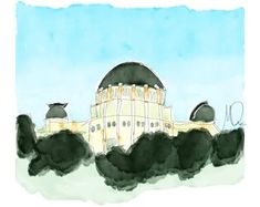 a drawing of a building with two domes on top and trees in the foreground