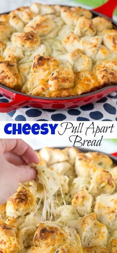 two images showing different types of cheese and pull apart bread in pans with text overlay that reads cheesy pull apart bread