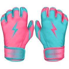 a pair of pink and blue gloves with lightning on the palm, both in different colors