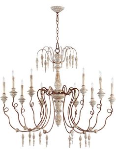 a chandelier with many lights hanging from it's sides and some candles in the middle