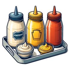 an illustration of three jars with mayonnaise and sauces in them on a tray