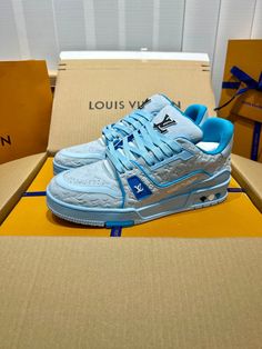 LUV Blue Trainer Sneakers Available size 38-46It comes with a Dust box, Care manual, Tag, and Paper bag. Contact for more Details Louis Vuitton Sneakers, Blue Trainers, Shoes Sneakers Jordans, Lv Shoes, Bottega Veneta Shoulder Bag, Trainer Sneakers, Streetwear Fashion, Lowest Price, Clothing And Shoes