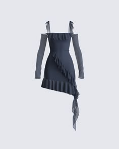 Sleek, and classy - this navy mesh mini dress is perfect for special occasions, to girl's nights out 🖤 Made from stretch mesh, with an asymmetrical ruffle hem, off-shoulder sleeves, tie shoulder straps, and a fully lined body for added comfort and coverage 😙 Boss Dress, Paris Shirt, Lil Black Dress, Future Of Fashion, Welcome To The Future, Dress Party Night, Mesh Mini Dress, Event Outfit, Sequin Mini Skirts